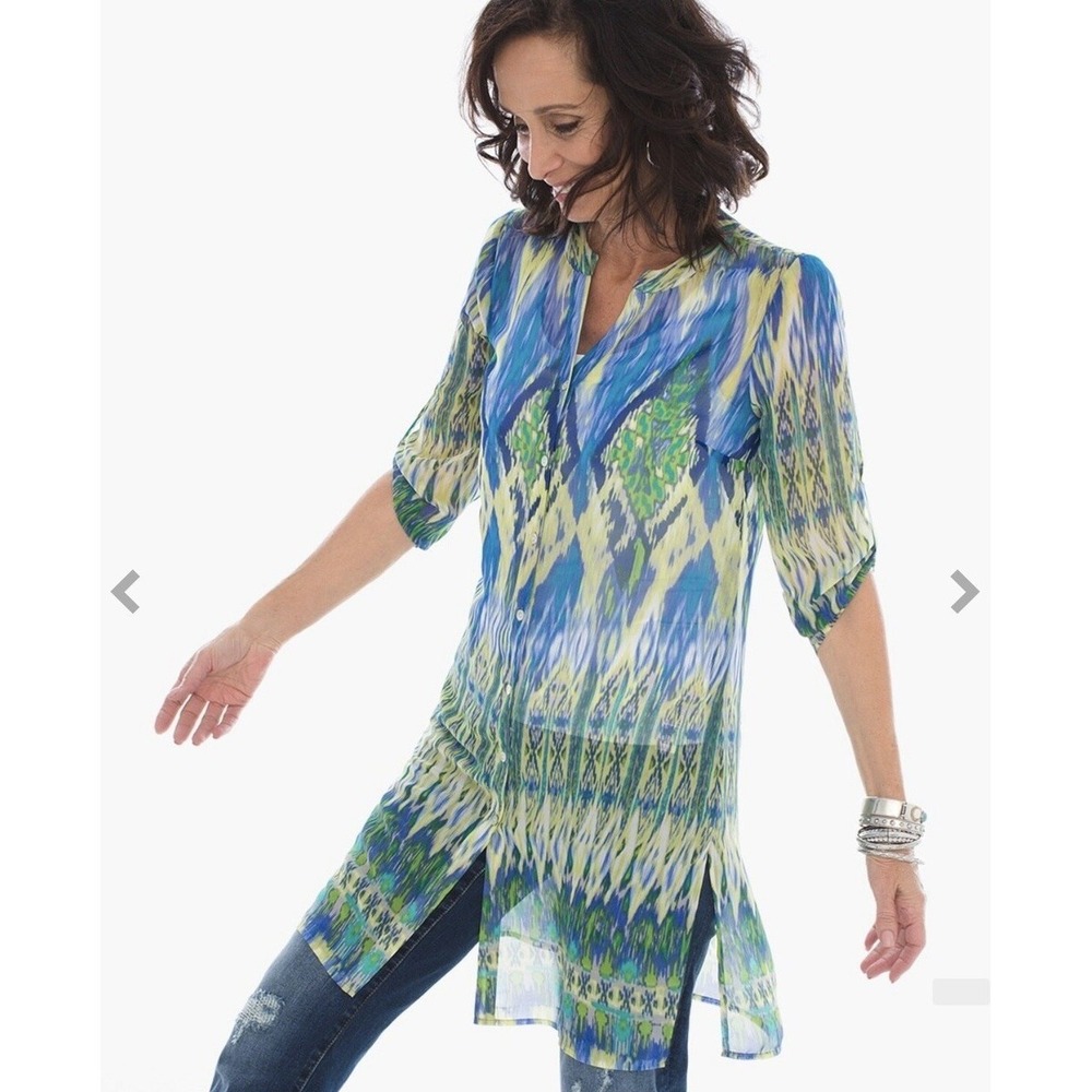 Chico's‎ Tunic Women 1 Blue Green Ikat Diamond Roll Tab Sleeve Sheer Boho Top
